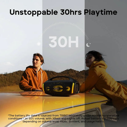 Two people sitting on a car with a radio, surrounded by text about 'Unstoppable 30hrs Playtime' and '30H'.