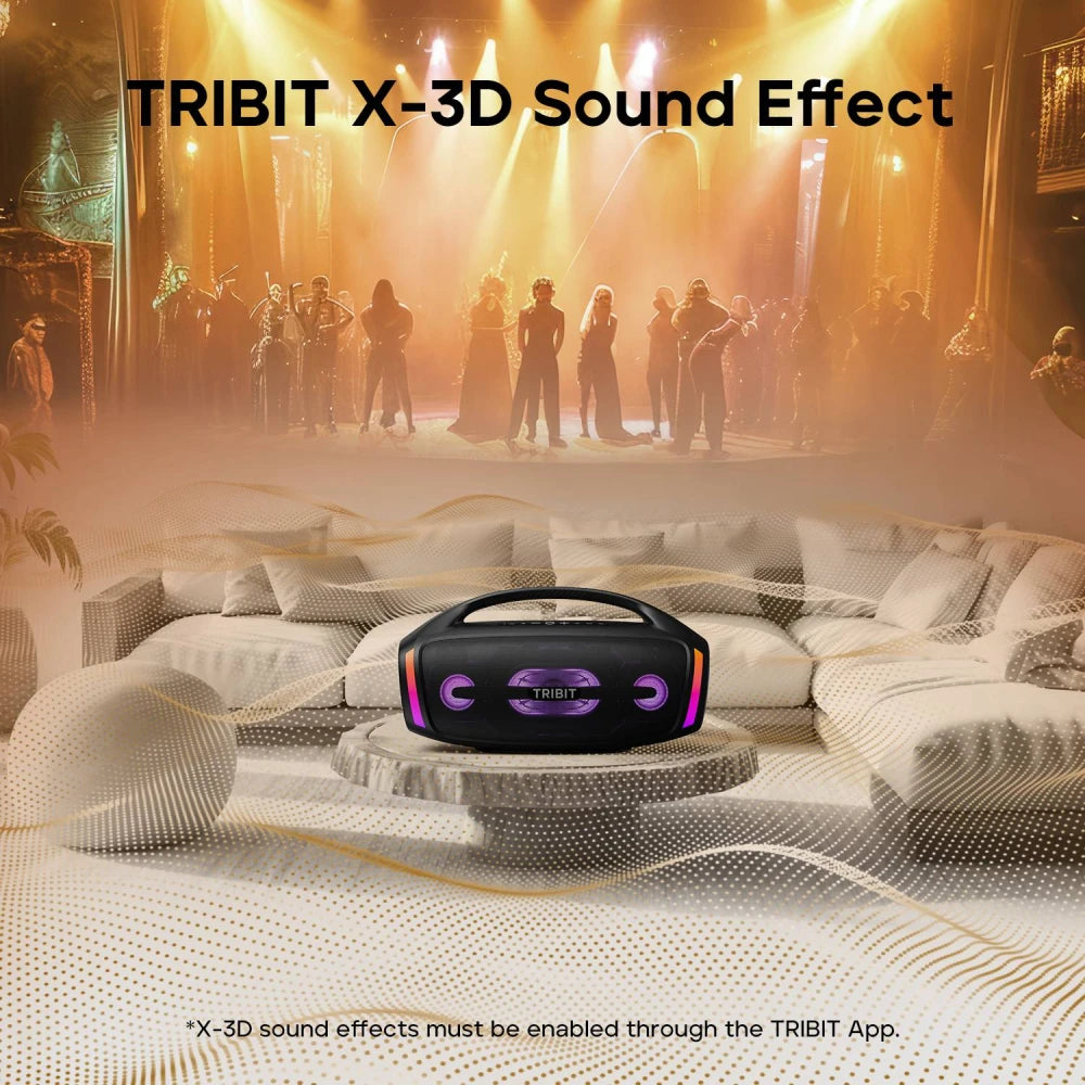TRIBIT X-3D sound effect device on a round table with people in the background
