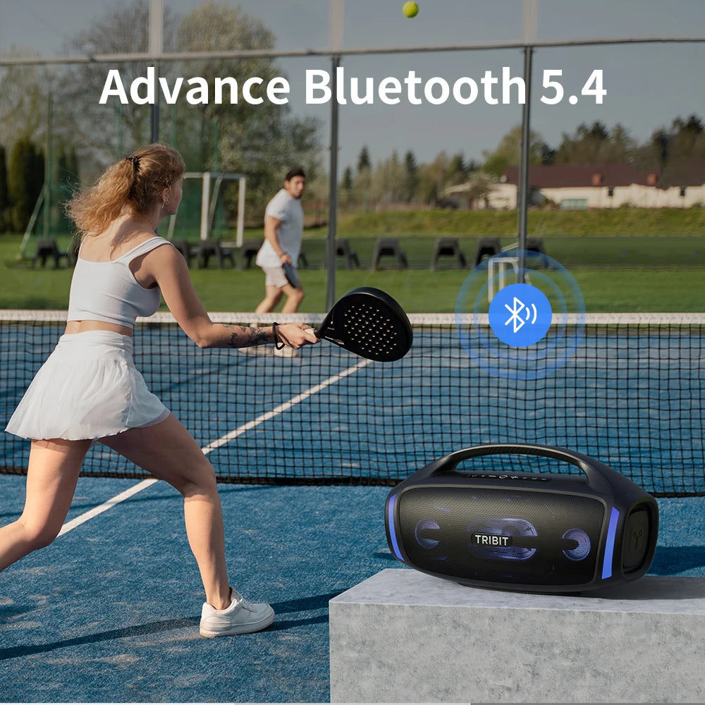 Woman playing paddle tennis with a Bluetooth speaker on a court, featuring 'Advance Bluetooth 5.4' text.