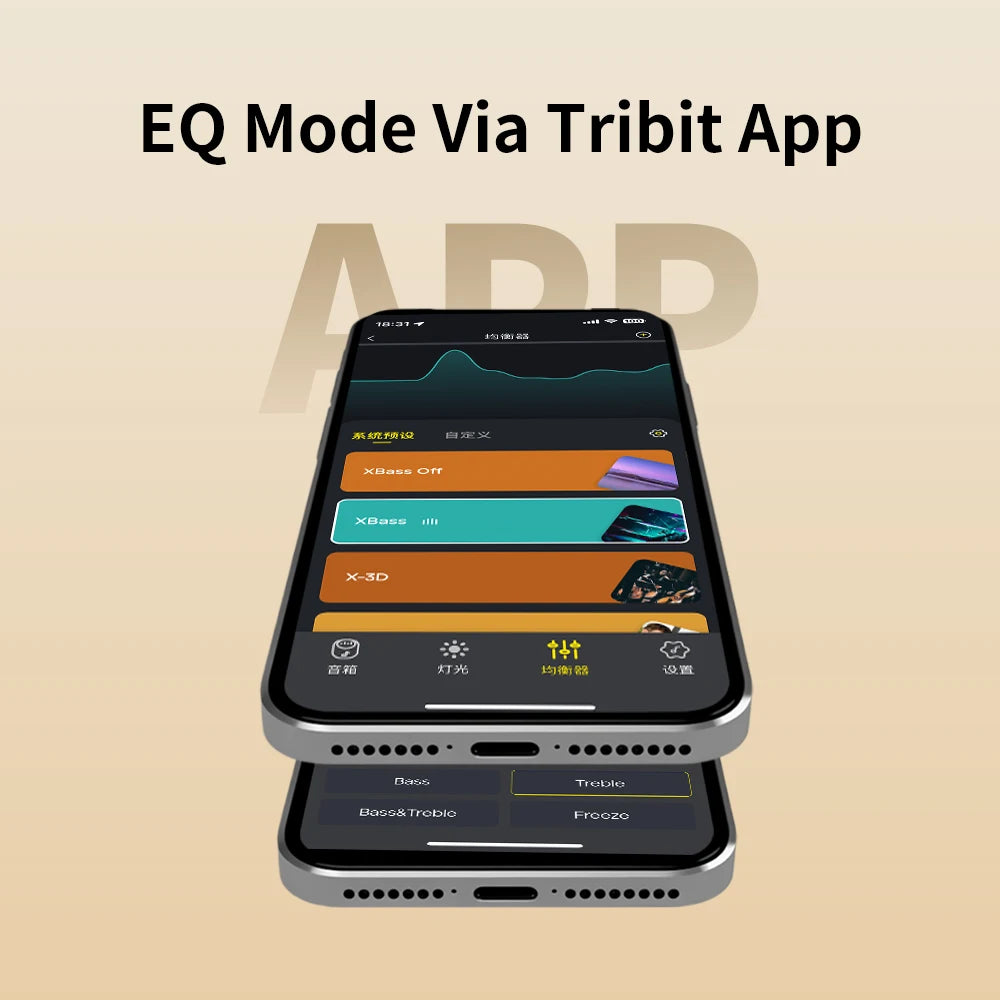 Smartphone displaying EQ mode via Tribit app on a beige background