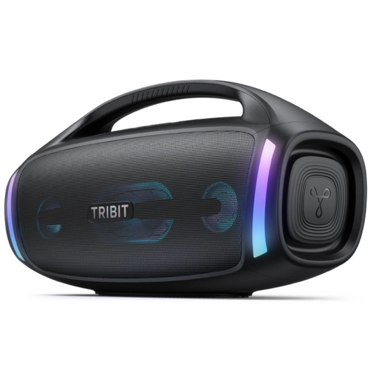 Black portable speaker with colorful LED lights on a white background, branded 'TRIBIT'.
