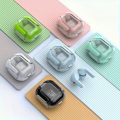 Various wireless earbuds and charging cases on a colorful striped background