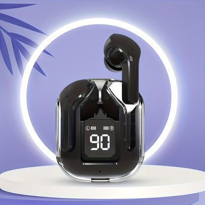 Black wireless earbuds with digital display on a purple background