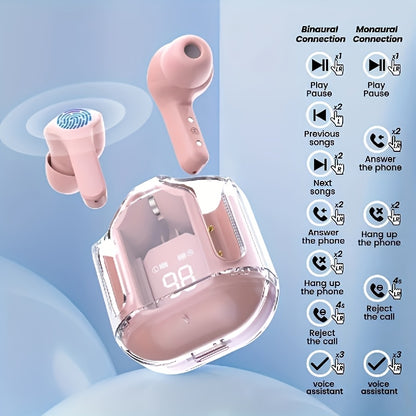 Pink wireless earbuds with charging case and control icons on a light blue background