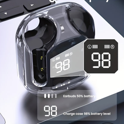Battery level display on a charging case with earbuds, showing 98% charge.