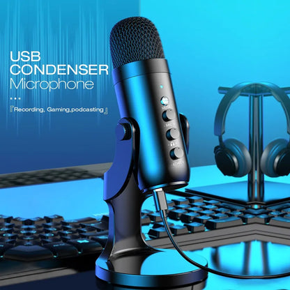 USB condenser microphone with a blue background, keyboard, and headphones.