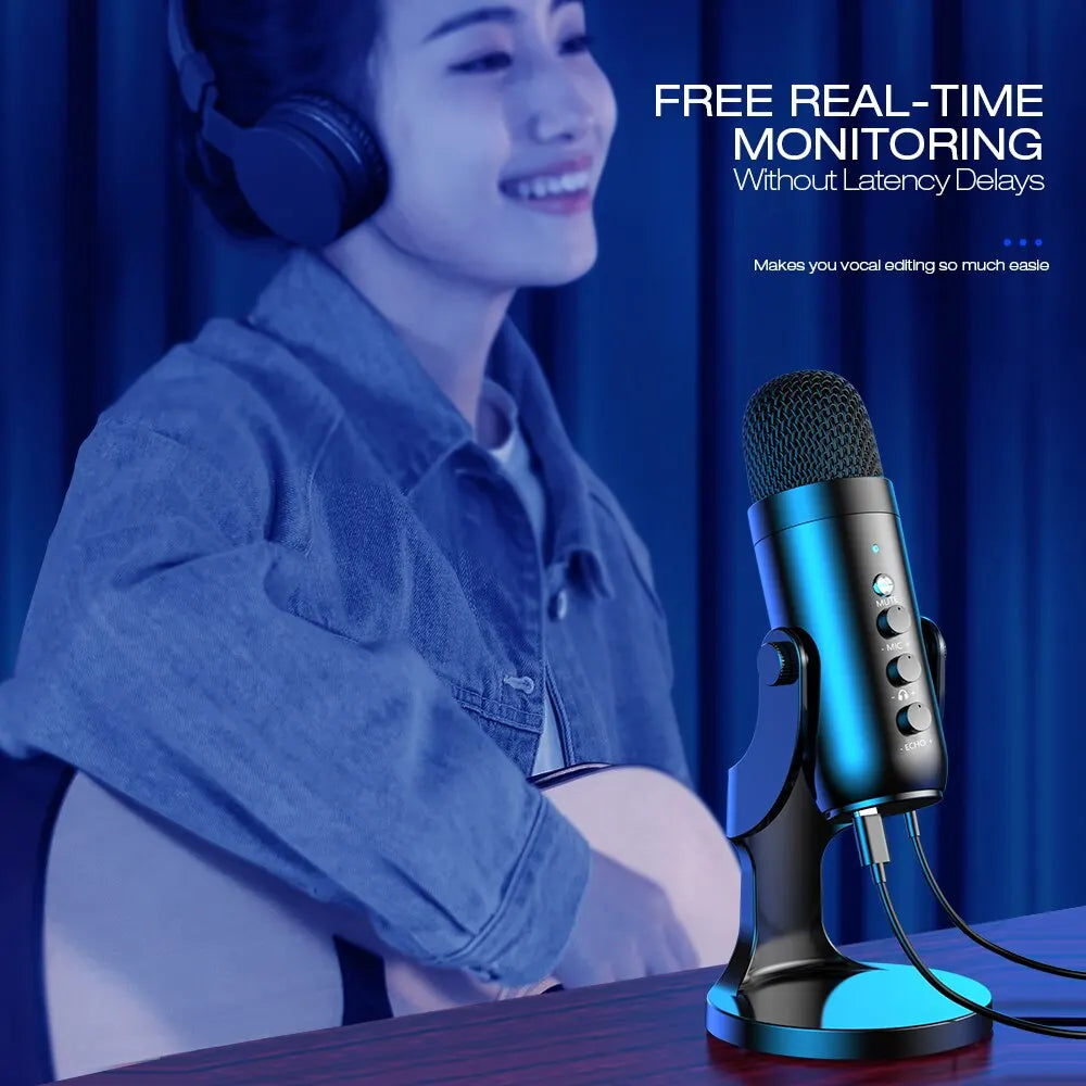 Person wearing headphones with a microphone on a blue background, featuring text about free real-time monitoring.