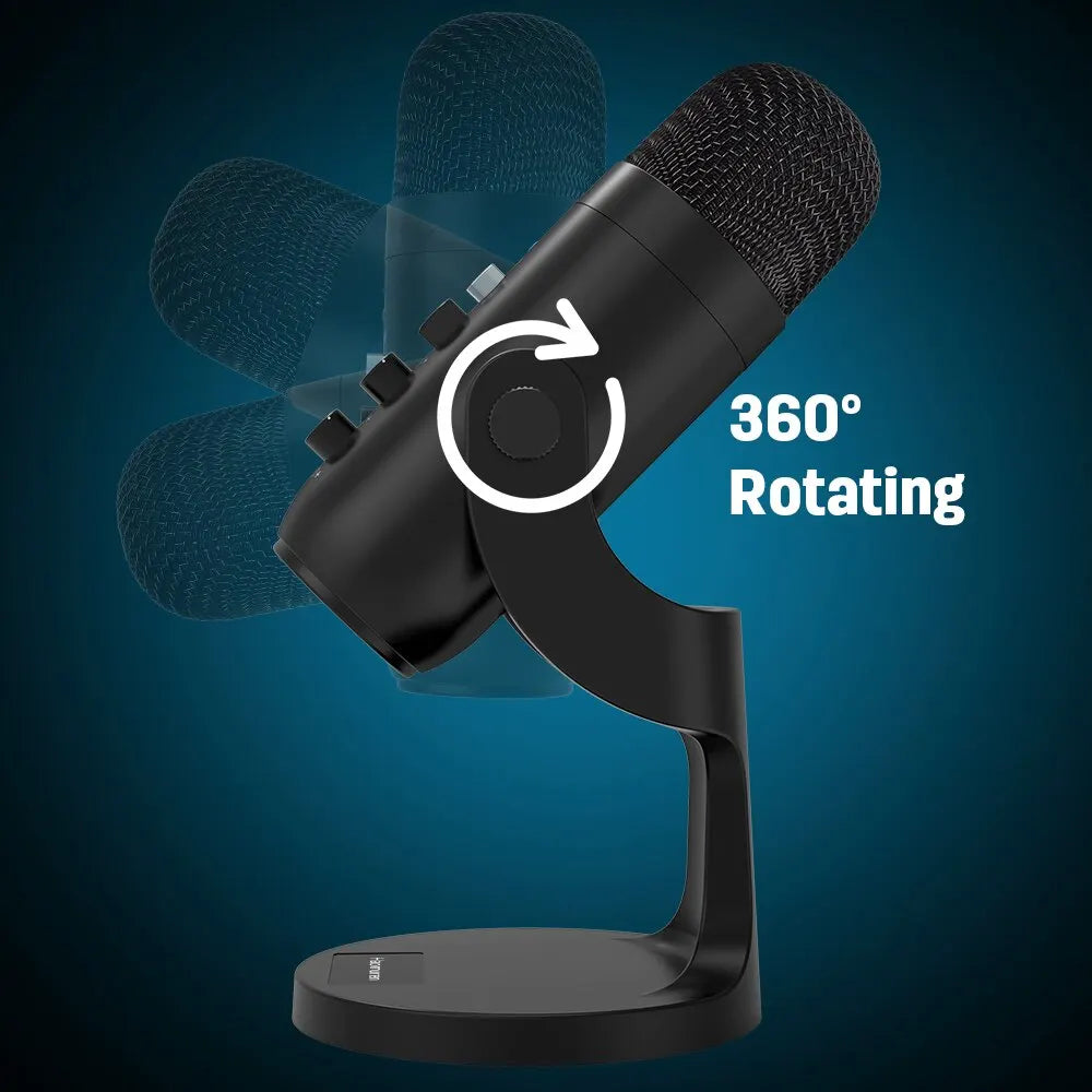 Black 360-degree rotating microphone on a blue background