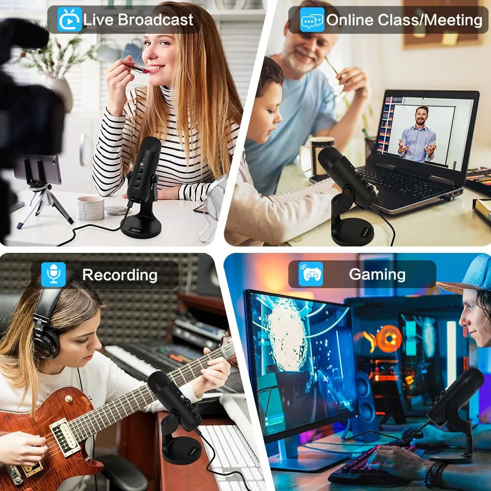 Collage of four scenarios using a microphone: live broadcast, online class/meeting, recording, and gaming.