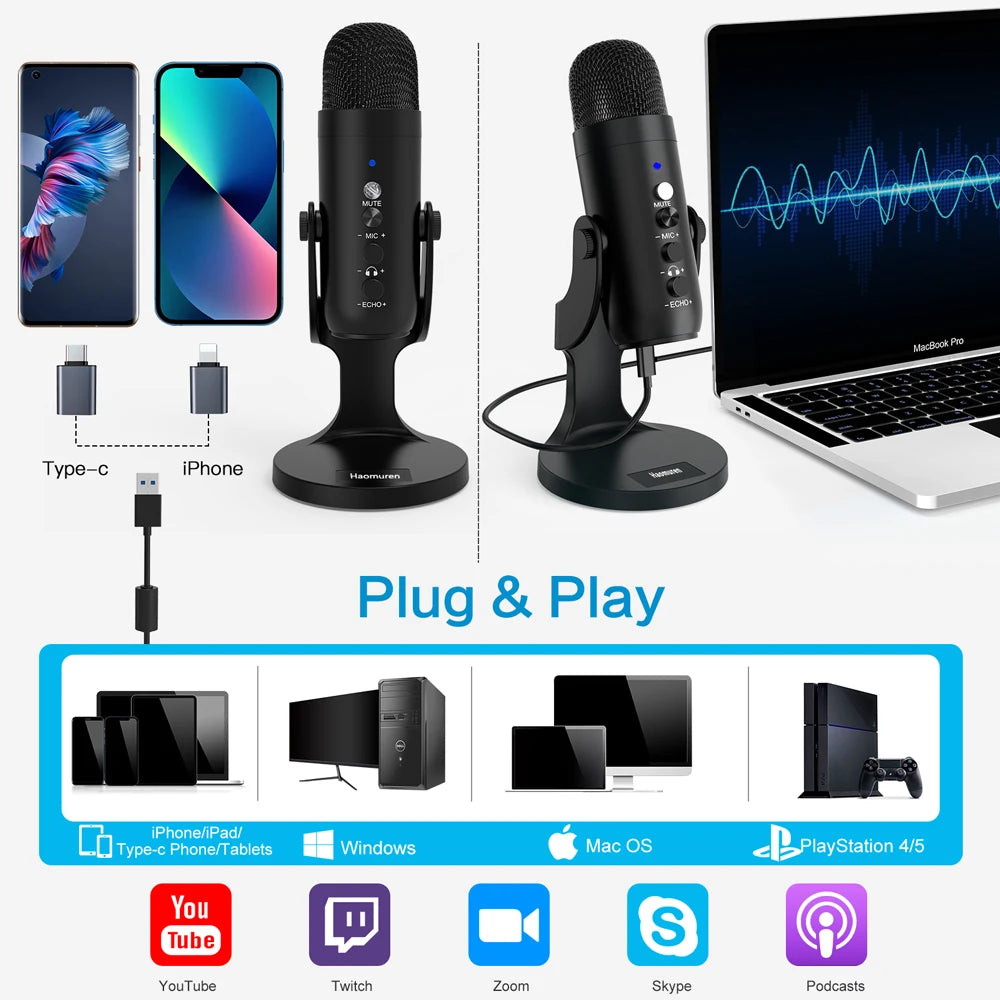 Microphone setup with smartphone, laptop, and computer monitor displaying audio waveforms, with 'Plug & Play' text and device compatibility icons.