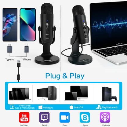 Microphone setup with smartphone, laptop, and computer monitor displaying audio waveforms, with 'Plug & Play' text and device compatibility icons.