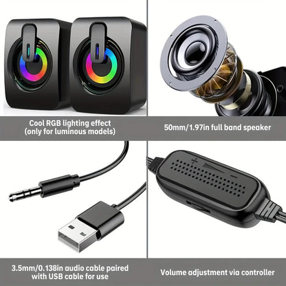 Collage of a speaker system with RGB lighting, close-up of speaker components, audio cable, USB cable, and volume controller.