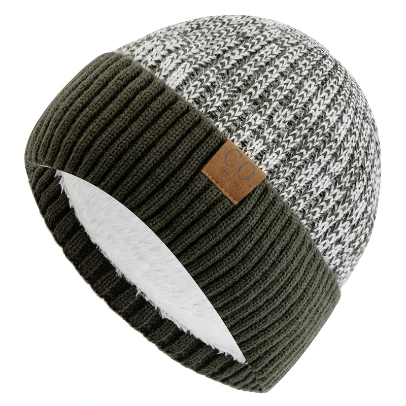 Knitted beanie with two-tone design on a white background