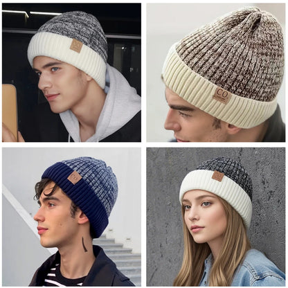 Four different beanie hats worn by people with a visible brand logo on each hat.