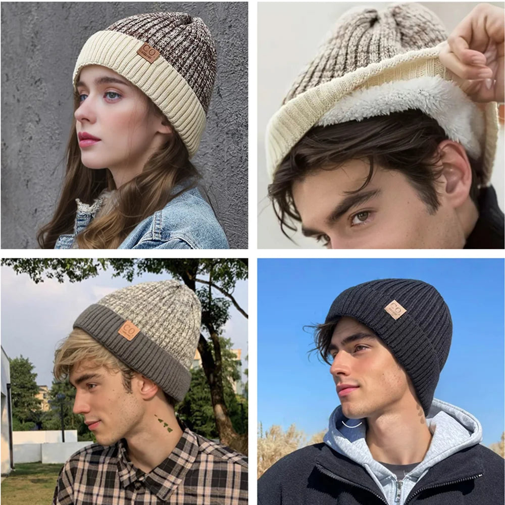 Four people wearing knit beanies in different settings.