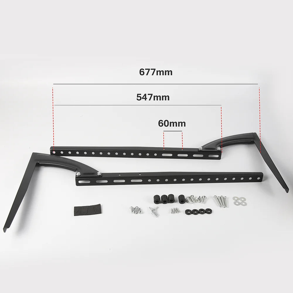 Black metal bracket with measurement details on a white background