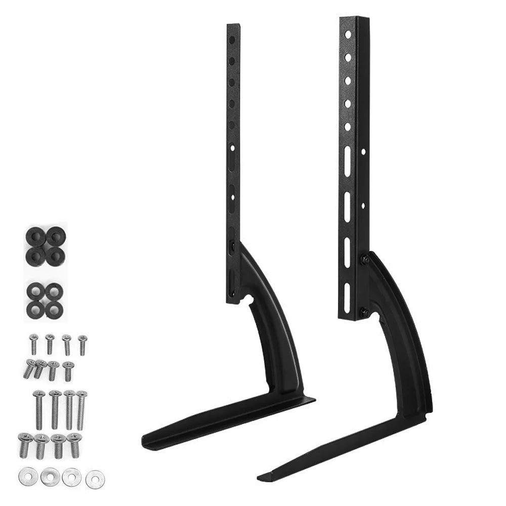 Black TV wall mount bracket with screws on a white background