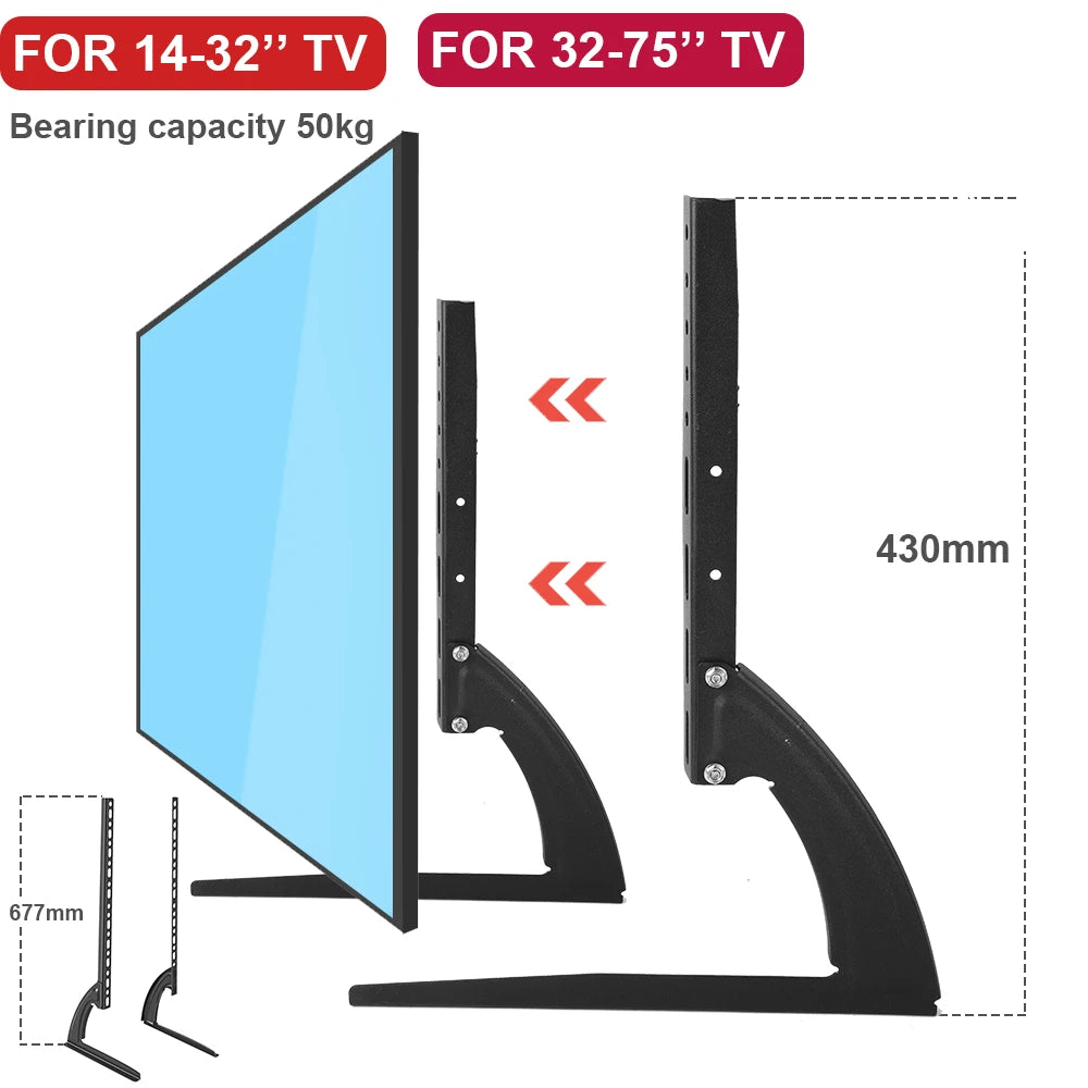 TV stand with dimensions and weight capacity for different TV sizes on a white background