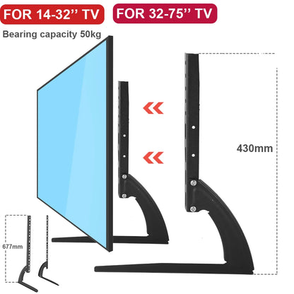 TV stand with dimensions and weight capacity for different TV sizes on a white background