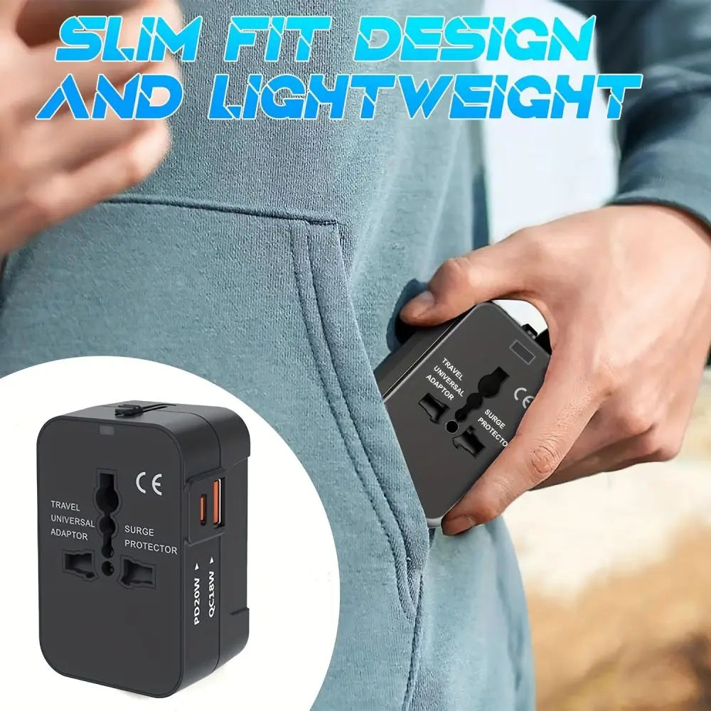 Person holding a travel adapter with 'Slim Fit Design and Lightweight' text above.