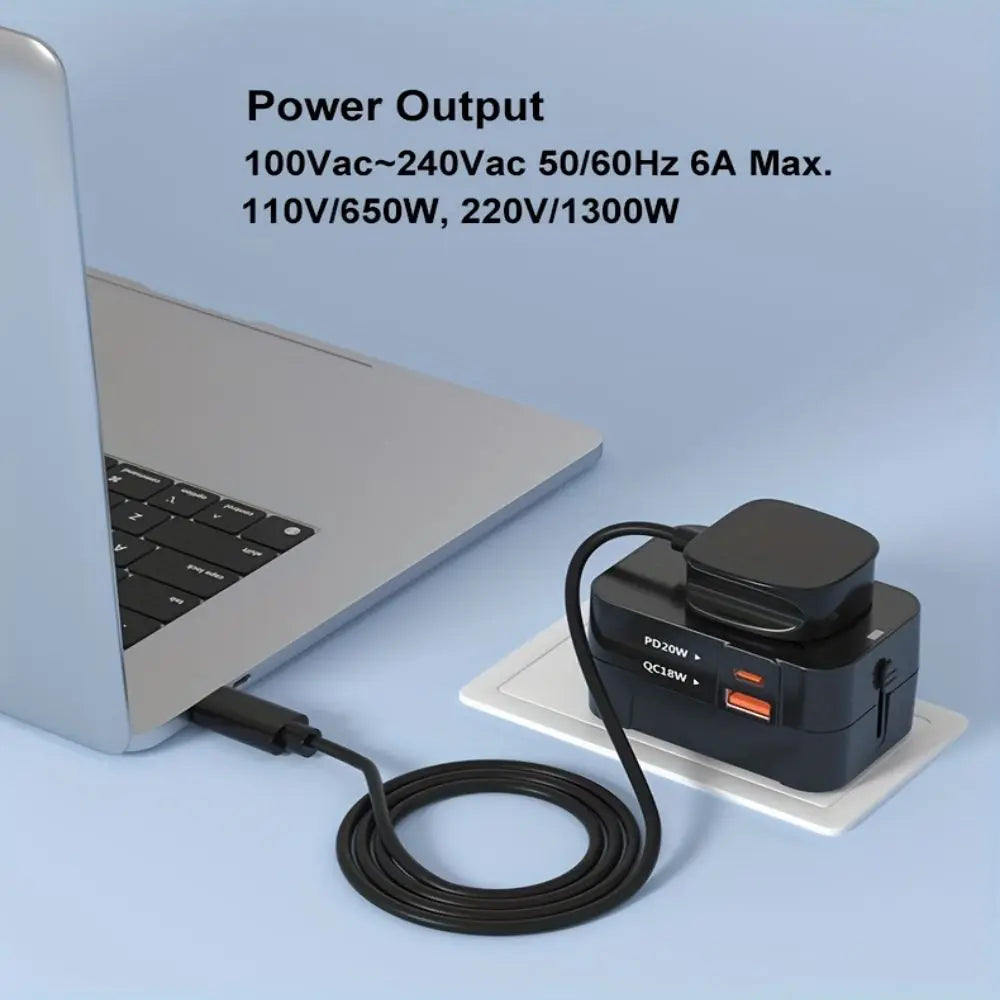 Power adapter connected to a laptop with power output specifications displayed.