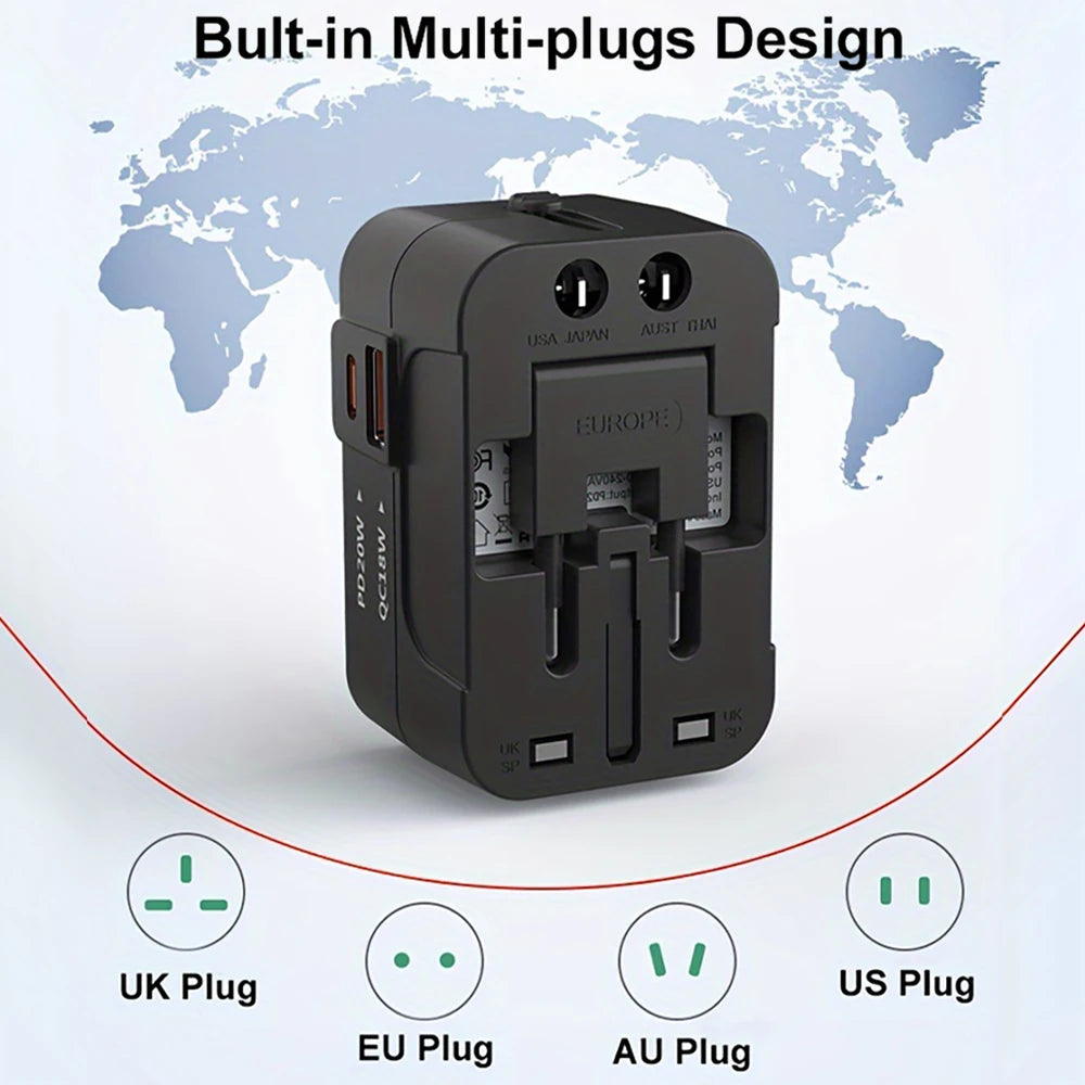 Travel adapter with built-in multi-plugs design on a world map background