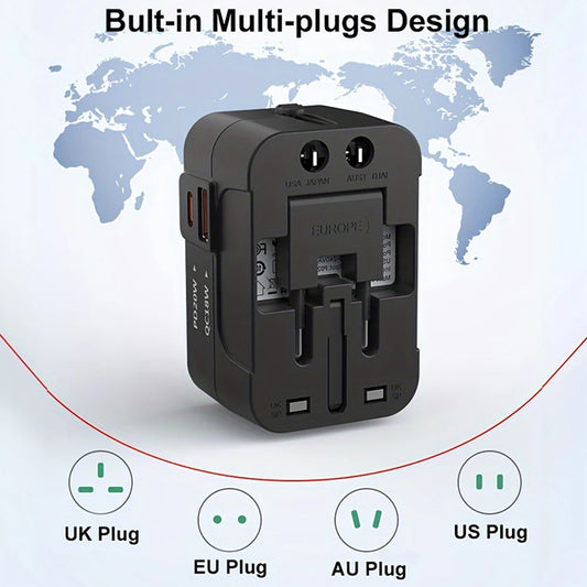 Travel adapter with built-in multi-plugs design on a world map background