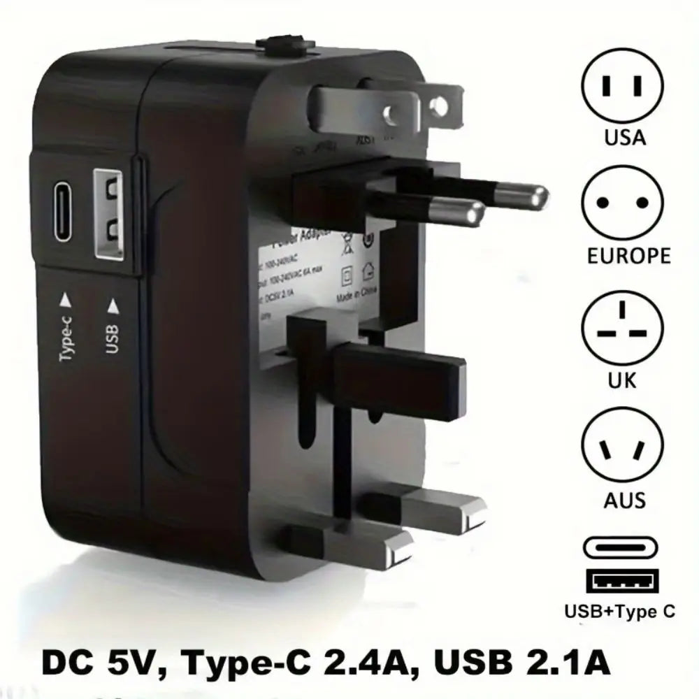 Multifunctional travel adapter with multiple plug sockets and USB ports on a white background.