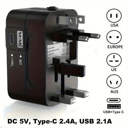Multifunctional travel adapter with multiple plug sockets and USB ports on a white background.