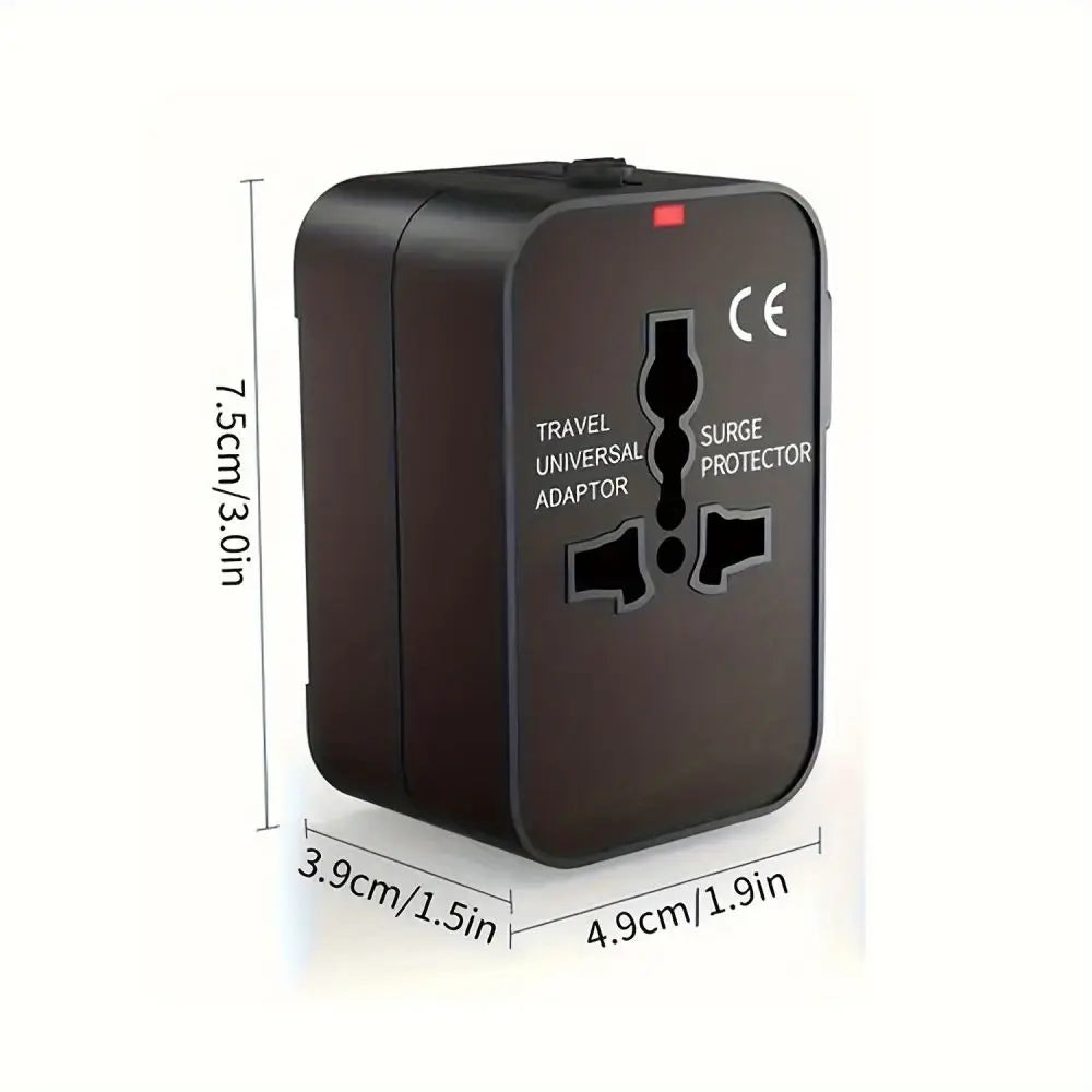 Black travel universal adapter with dimensions on a white background