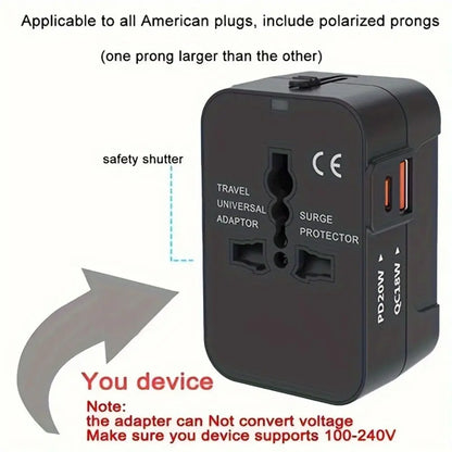 Travel universal adapter with safety shutter and polarized prongs on a white background