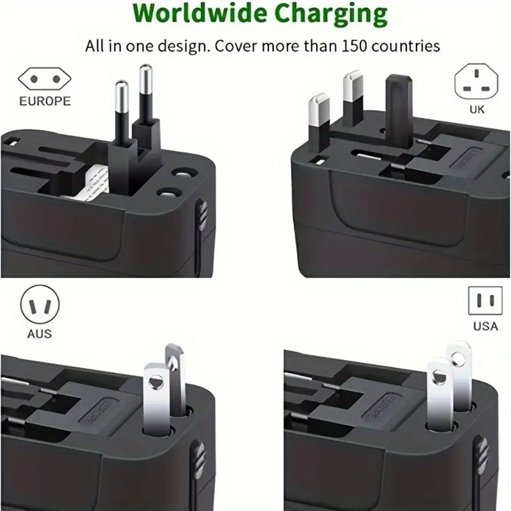 Worldwide charging adapter with different plug types for Europe, UK, Australia, and USA.