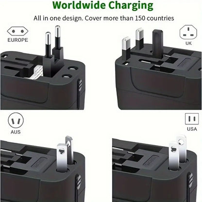 Worldwide charging adapter with different plug types for Europe, UK, Australia, and USA.