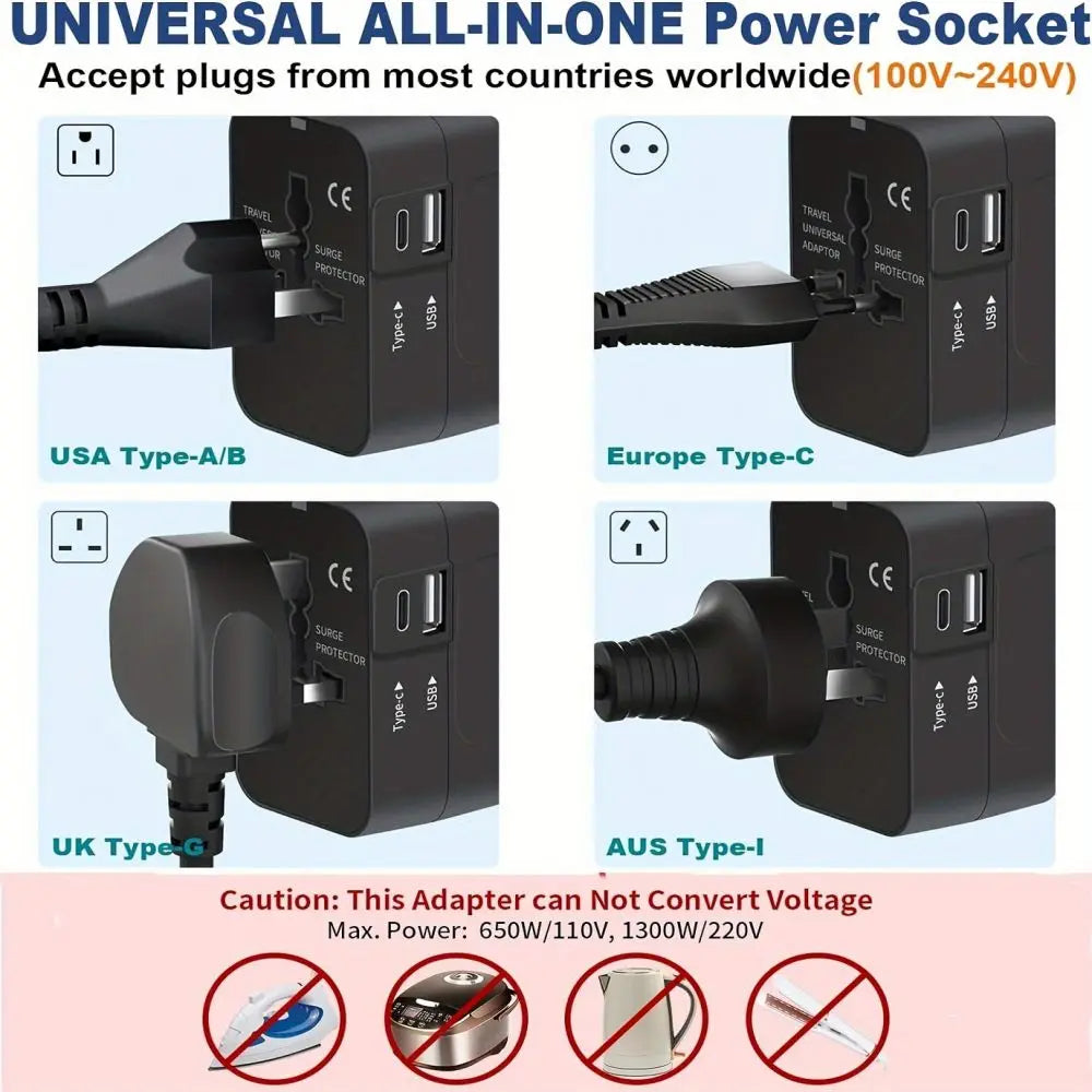Universal all-in-one power adapter with multiple plug types and usage caution.
