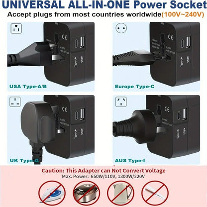 Universal all-in-one power adapter with multiple plug types and usage caution.