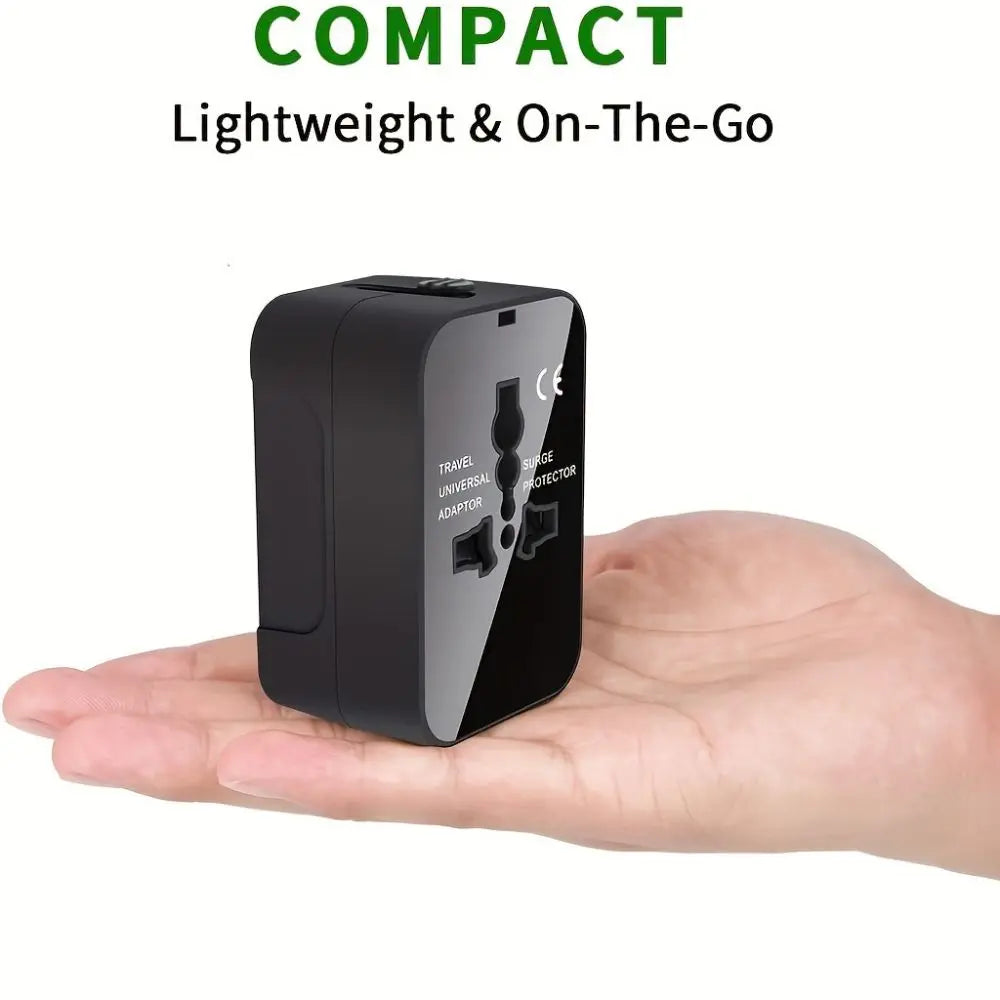 Compact travel adapter held in a hand with text 'COMPACT', 'Lightweight & On-The-Go' on a white background