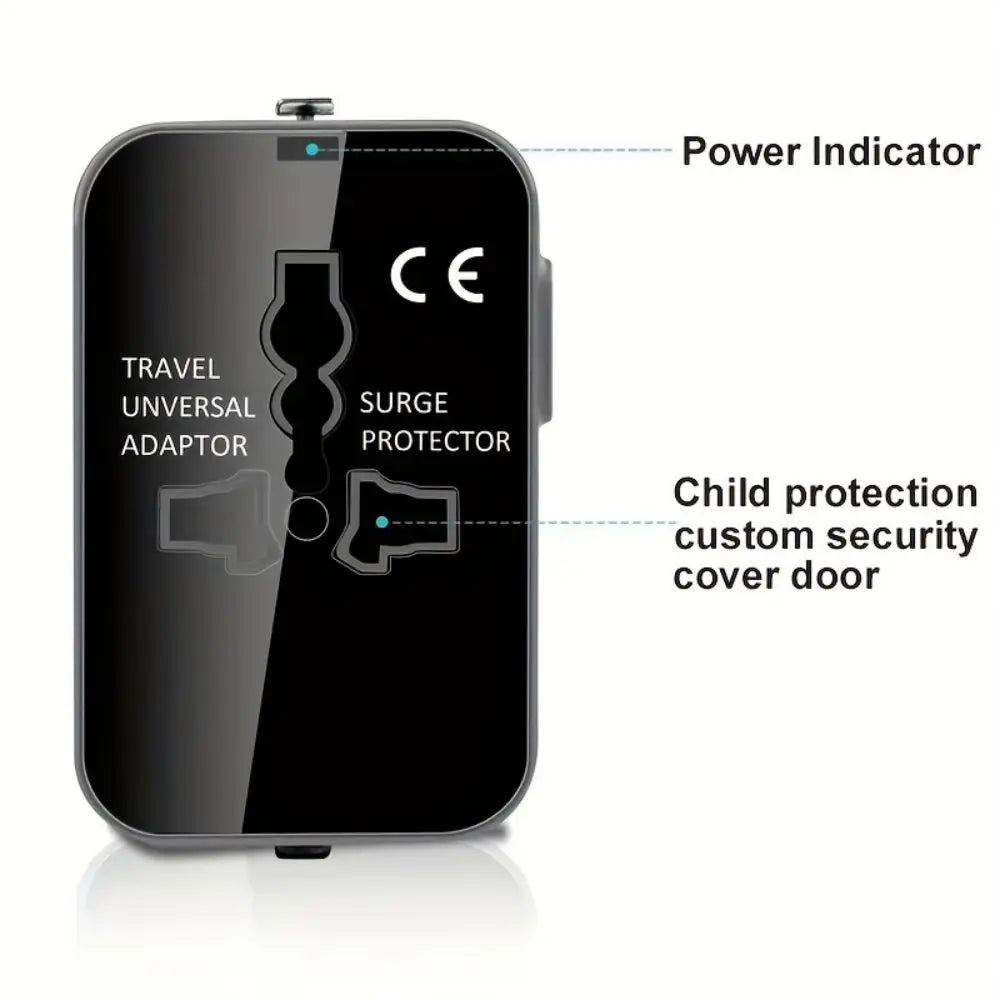 Travel universal adapter with power indicator and child protection cover on a white background