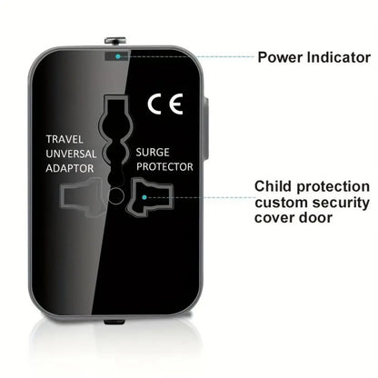 Travel universal adapter with power indicator and child protection cover on a white background