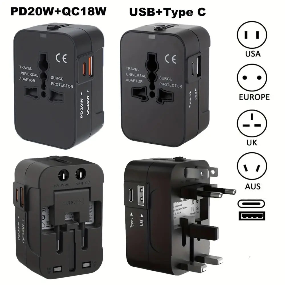 Four travel adapter models with different plug types and connectors on a white background.