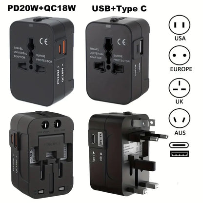 Four travel adapter models with different plug types and connectors on a white background.