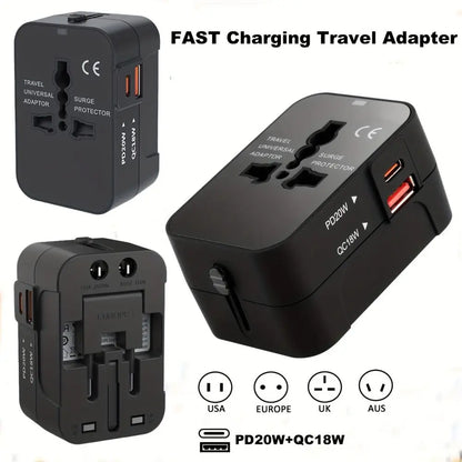 Black fast charging travel adapter with multiple plug sockets on a white background