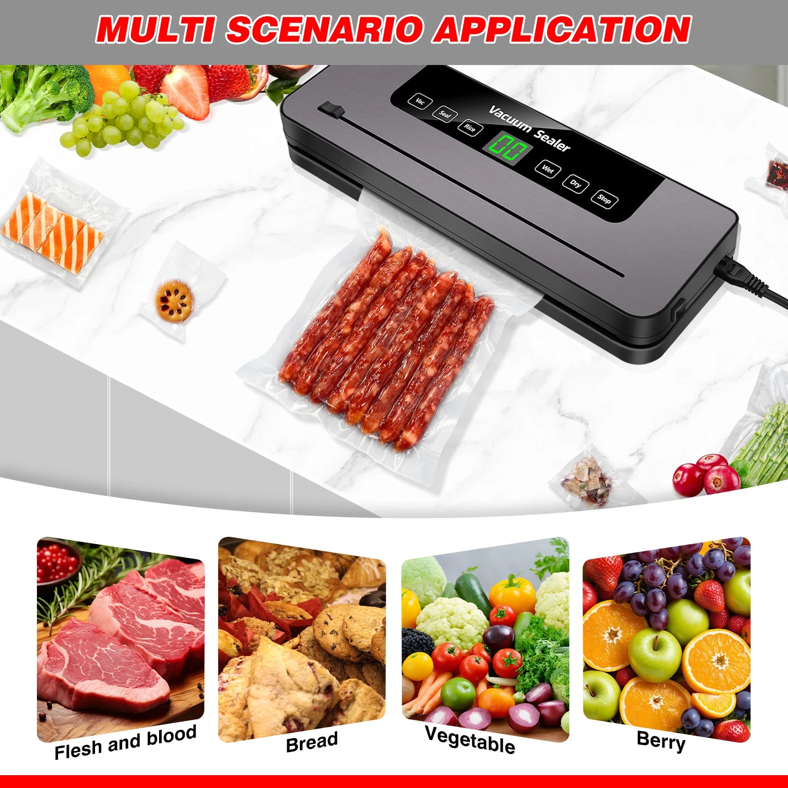 Vacuum sealer with food packaging on a white background, showcasing multi-scenario application.