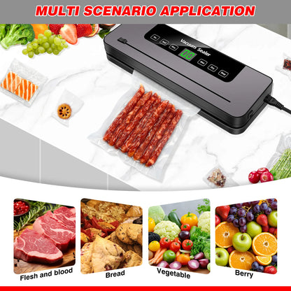 Vacuum sealer with food packaging on a white background, showcasing multi-scenario application.
