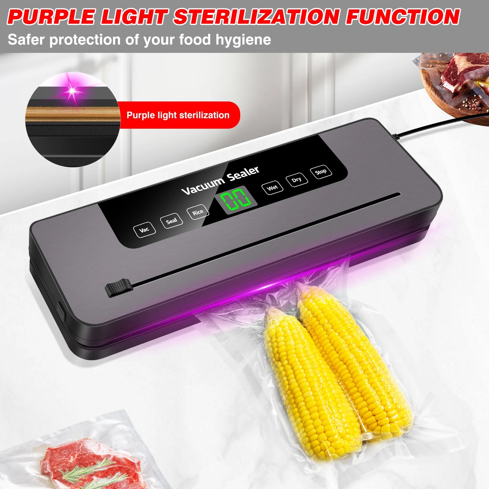 Vacuum sealer with purple light sterilization function on a white surface with corn and meat packaging.