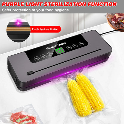 Vacuum sealer with purple light sterilization function on a white surface with corn and meat packaging.