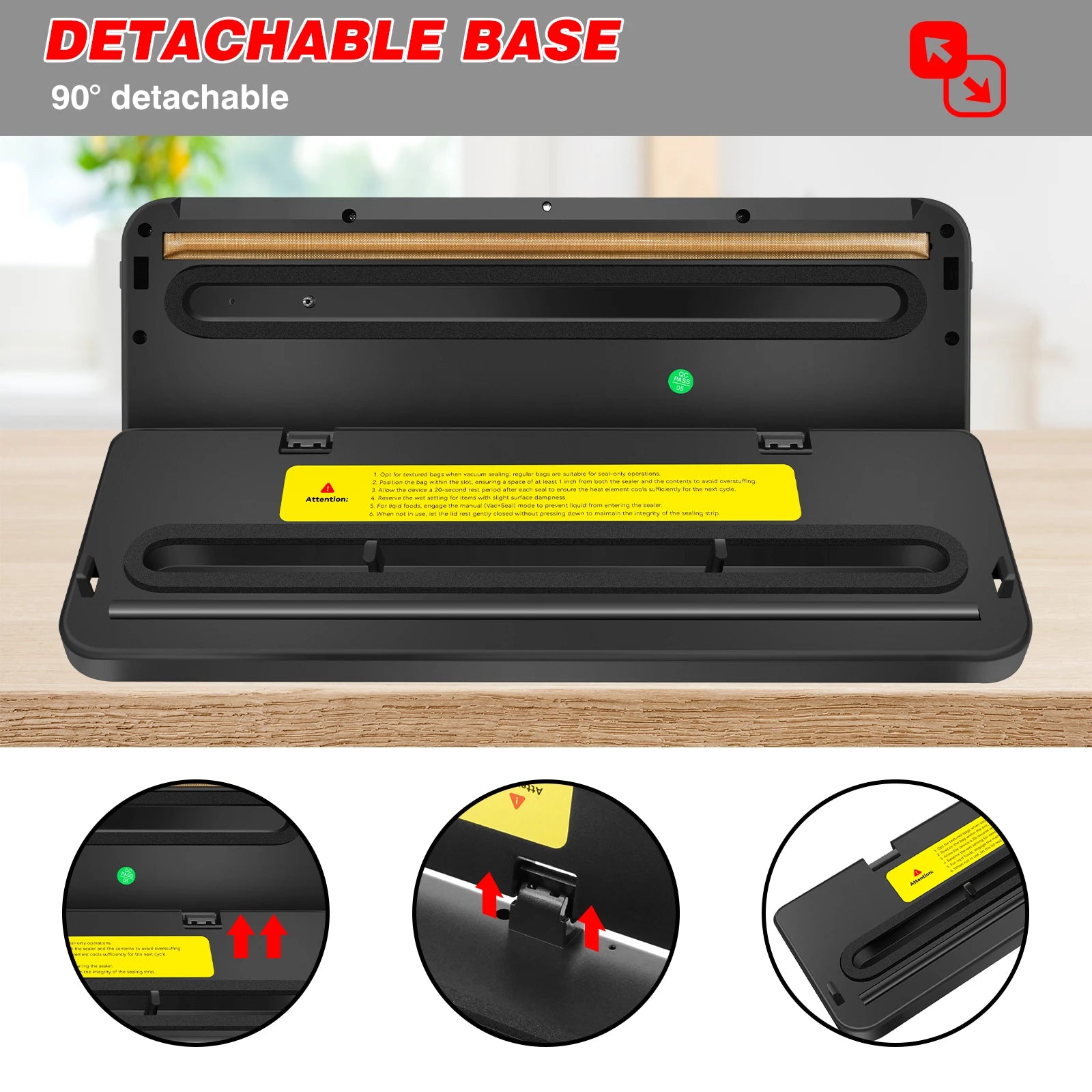 Black and yellow detachable base with 90-degree detachment feature on a wooden surface.