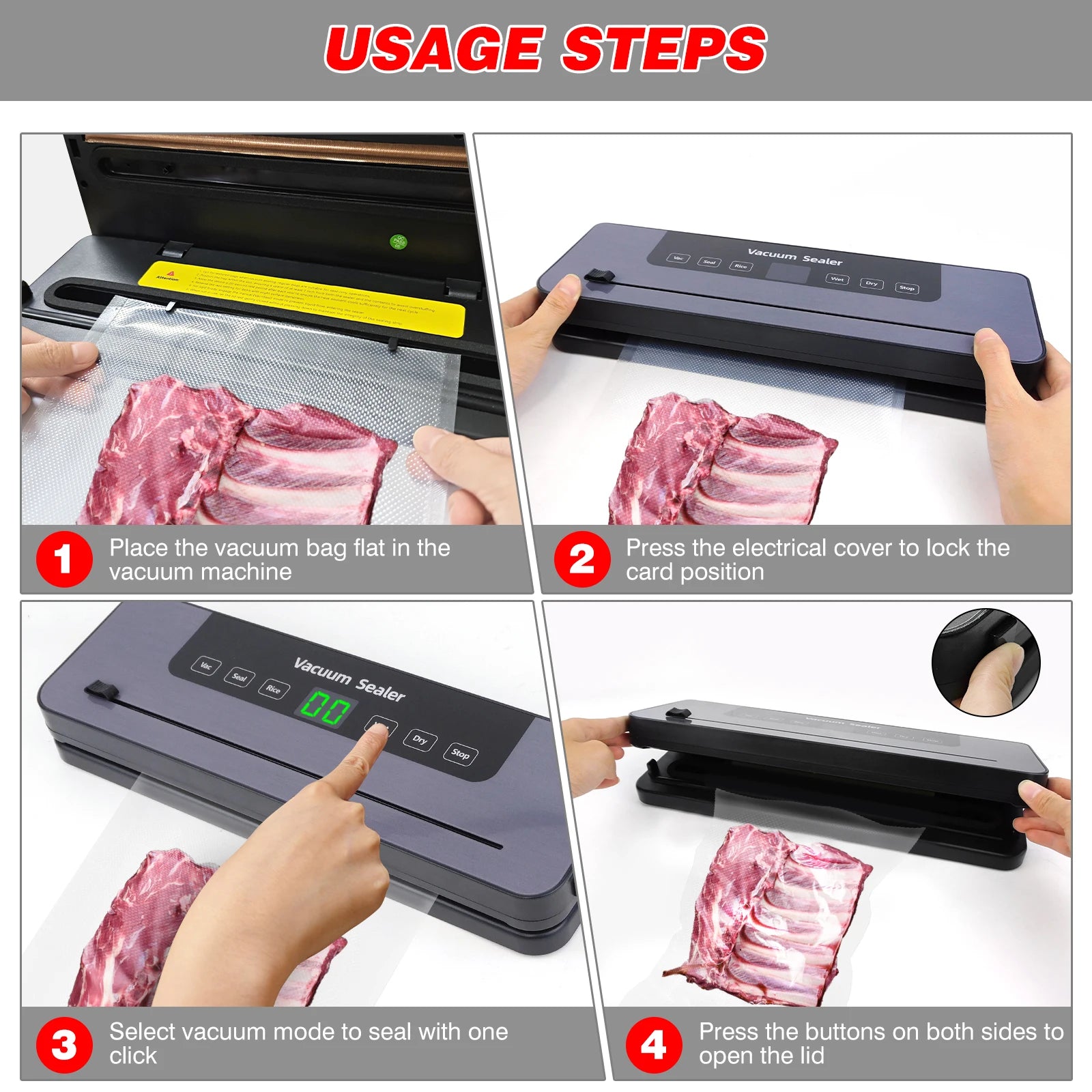 Step-by-step guide on using a vacuum sealer with images of hands operating the machine.