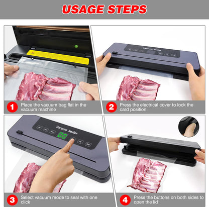 Step-by-step guide on using a vacuum sealer with images of hands operating the machine.