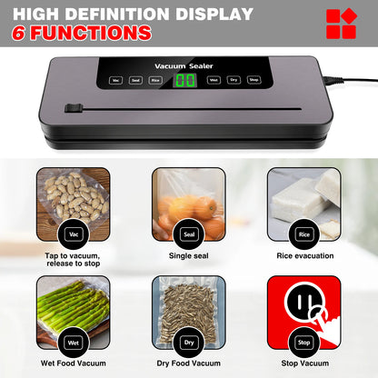 Vacuum sealer with digital display and various food items shown on a white background
