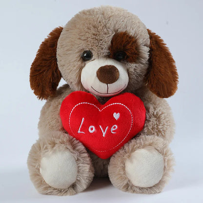 Plush dog toy with a red heart that says 'Love' on a white background